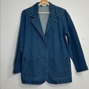 Oversized Blue Denim Blazer‎ Jacket Women’s Small Padded Shoulders Vintage 90s